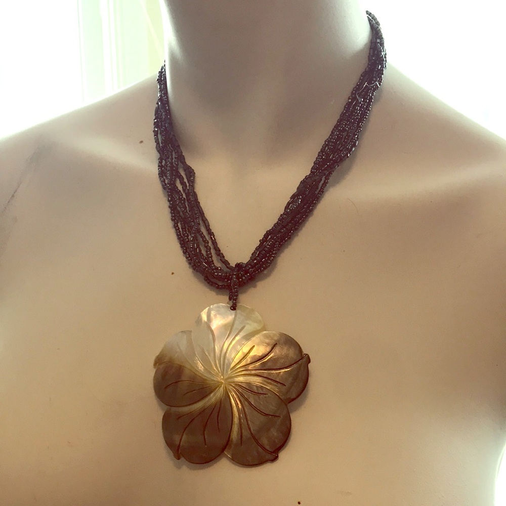 Mother of pearl large pendant on black beaded 18” multi string necklace VINTAGE